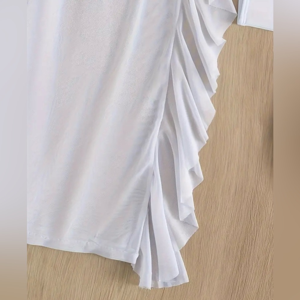 3pc White Crisscross Top Bikini Set with Sheer Mesh Ruffle Cover-Up Pants - Picture 10 of 12